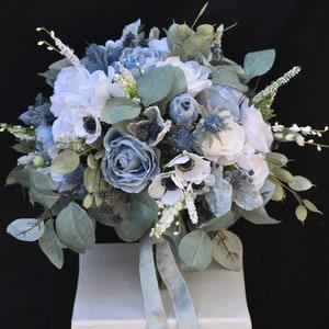 Unstructured Hand Wrapped Dusty Blue, Soft White Ivory and Sage Eucalyptus Bridal Bouquet