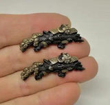 Pair Japan Shakudo Sea Dragon Samurai Warrior Lily Pad Brooches Gold Victorian