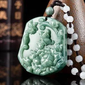 Chinese Natural Emerald Pea Green Butterfly Peony Flower Jade Pendant Necklace