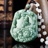 Chinese Natural Emerald Pea Green Butterfly Peony Flower Jade Pendant Necklace