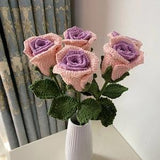 Crochet Pink Rose Crochet Flower Knitting Pink Rose with Leaves Crochet Rose Bouquet Blossom Gift for Mother Girlfriends Women