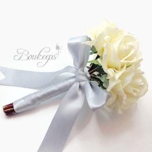 CHOOSE RIBBON COLOR - White Rose Bouquet, Rose Bridal Bouquet, Real Touch Rose Bouquet, Ivory Rose Bouquet, Rose Bouquet, Real Touch Rose