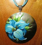 PENDANT BLUE LILY FLOWER Genuine Russian hand painted Black Lip SHELL Unique ART