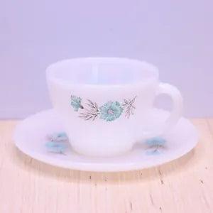 VTG Anchor Hockin Fire King Bonnie Blue Carnation Flower Coffee Tea Cup & Saucer