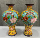 10?? fengshui noble copper Cloisonne enamel peony bloom flower bottle pair vase