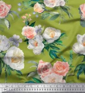 Soimoi Green Velvet Fabric Begonia & Peony Floral Print Fabric by-0Vd