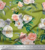 Soimoi Green Velvet Fabric Begonia & Peony Floral Print Fabric by-0Vd