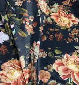 2 Yards - Black & Peach Peony Floral - Stretch Polyester Taffeta Fabric