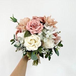 Dusty Rose & Ivory Wedding Bouquet 14?¡À Artificial/ Blush and Cream Bridal Bouquet/ Pastel Pink and White Eucalyptus Bridesmaid Bouquet