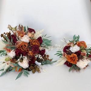 Rust Burgundy Iovry White Rose & Pampas Wedding Bouquet, Burnt Orange Terra Cotta Wedding, Fall Rustic Silk Flower Bridal Bridesmaid Bouquet