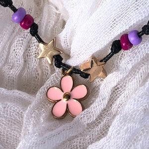 Rose flower charm pendant choker necklace in gold plated enamel with pink seed beads and gold stars: gift for women