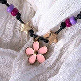 Rose flower charm pendant choker necklace in gold plated enamel with pink seed beads and gold stars: gift for women