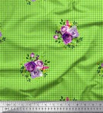 Soimoi Green Cotton Poplin Fabric Leaves & Ranunculus Check Fabric-fCb