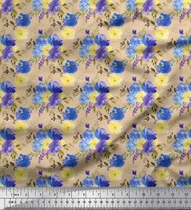 Soimoi Orange Velvet Fabric Blossom & Peony Floral Print Fabric-nRh