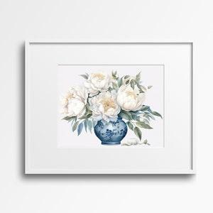 Watercolor White Peony Bouquet in Vintage Vase, Peonies Art, Vintage Decor, Rose Bouquet, Botanical Print, Classic Art, Tudor Decor