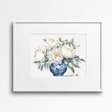Watercolor White Peony Bouquet in Vintage Vase, Peonies Art, Vintage Decor, Rose Bouquet, Botanical Print, Classic Art, Tudor Decor
