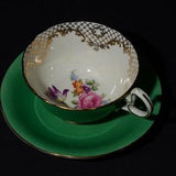 AYNSLEY Bone China green Teacup and saucer floral bouquet pink rose Gold Rimmed vintage gold filigree chintz