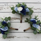 Dusty Blue Navy Boho Bridal Bouquet for Weddings, Fake Wedding Flowers, Bridal Bouquet Bridesmaids Bouquets Silk, Boutonnieres and Corsages