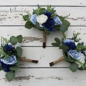 Wedding Bouquets Artificial Navy Dusty Blue Roses, Silk Bouquets for Bride and Bridesmaids, Faux Boho Flowers for Weddings