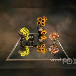 Original Still Life Art Print Of Sunflowers, Grapes, Peaches,  Old Weigh Scale All Reflected On A Mirror.  Fine Art Photography.
