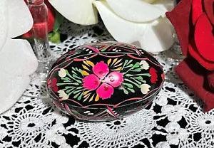 Vintage Ukrainian Easter Egg Hand Carved Painted Black Carnation Flower