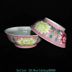 4.7" Marked Old Chinese Porcelain Ename peony flower lotus flower Bowl pair
