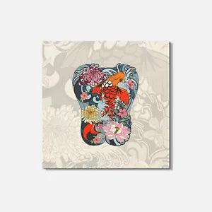 Hand Drawn Koi Fish With Peony Flower Animal 4'' X 4'' Square Wooden Coaster