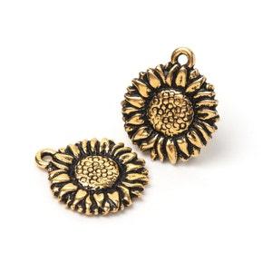 Gold Sunflower Charm, TierraCast Antique Gold Flower Charm, Floral, Garden, Nature Beauty Charm, 18mm, Made in USA