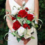 Red Rose Wedding Bouquet, Christmas Wedding Flowers, Bridal Bouquet, Red Roses, White Roses, Silk flowers, Real Touch Flowers, Red and White