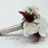 CHOOSE RIBBON COLOR - Burgundy and White Calla Lily and Rose Bouquet, Burgundy Bridesmaid Bouquet, Calla Lily Bouquet, Baby's Breath