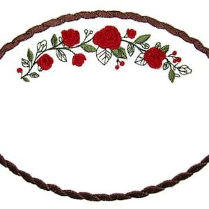 Red Rose swag embroidered quilt label to customize with your personal message