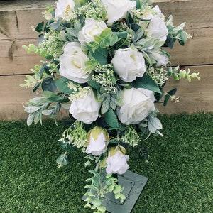 Boho white, Ivory bridal bouquet, rustic, wedding flowers, roses, peonies, gypsophila, eucalyptus, faux flowers, artificial wedding flowers