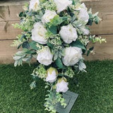 Boho white, Ivory bridal bouquet, rustic, wedding flowers, roses, peonies, gypsophila, eucalyptus, faux flowers, artificial wedding flowers