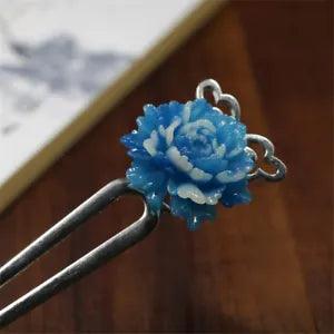 Chinese Classical Women Blue Peony Flower Hairpin U-shaped Hair Stick Accessory