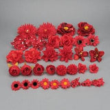 33Pcs Red Artificial Silk Flower Head Combo Set / 4-13cm Bulk Silk Flower DIY Christmas Crafts Christmas Tree Decor Accent Accessories