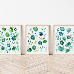 Green Watercolour Leaves, Set of 3 Prints, Botanical Wall Art, Abstract Leaves, Watercolour Triptych Art Set, Gallery Wall Art, Nature Art