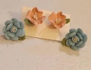 2pr Vtg SOFT CERAMIC Porcelain Blue Rose Pink RAIN LILY Floral Bloom Earring LOT