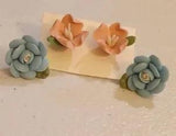 2pr Vtg SOFT CERAMIC Porcelain Blue Rose Pink RAIN LILY Floral Bloom Earring LOT