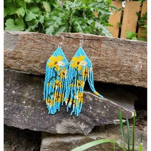 New Beaded earrings, yellow flower. Made with Delica Seed Beads. Beaded earrings, dangle earrings, handmade jewlery, boho style.