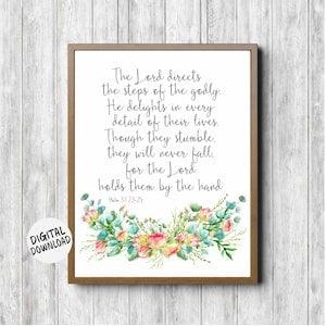 Printable Psalm 37 v 23 - 24 Scripture Wall Decor - Gift For Women - Watercolor Roses Bouquet Bible Verse Print - Christian Wall Art