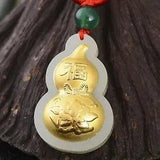 Best Yellow Gold Leaf Nephrite Jade Lucky Peony Flower Bow Tie Fu Gourd Pendant