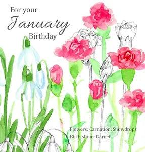 January Birthday Greeting Card Carnations Snowdrops Watercolor Flowers