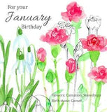 January Birthday Greeting Card Carnations Snowdrops Watercolor Flowers