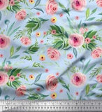 Soimoi Blue Velvet Fabric Leaves & Ranunculus Floral Printed Fabric-X2v