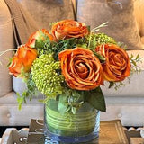 Modern Fall floral centerpiece of rust orange roses & green berry clusters in Vintage round glass vase, autumn Faux silk flower arrangement
