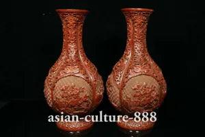 10" Rare Chinese Qing Dynasty Lacquerware Flower Peony Bird Bottle Vase Pair