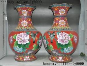 China bronze Cloisonne bird Magpie Riches peony flower Zun Cup Bottle Pot Vase