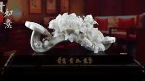 15" Top China Dehua Porcelain Wealthy Peony Flower Leaf Wishful Ruyi Statue