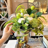 White Roses, green apples & berry clusters in antique silver vase, One Of A Kind Faux silk flowers Tall centerpiece, artificial arrangement