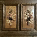 MCM Framed Natural Dried Florals On Burlap By Mallard Frame Wall Hangings Pair